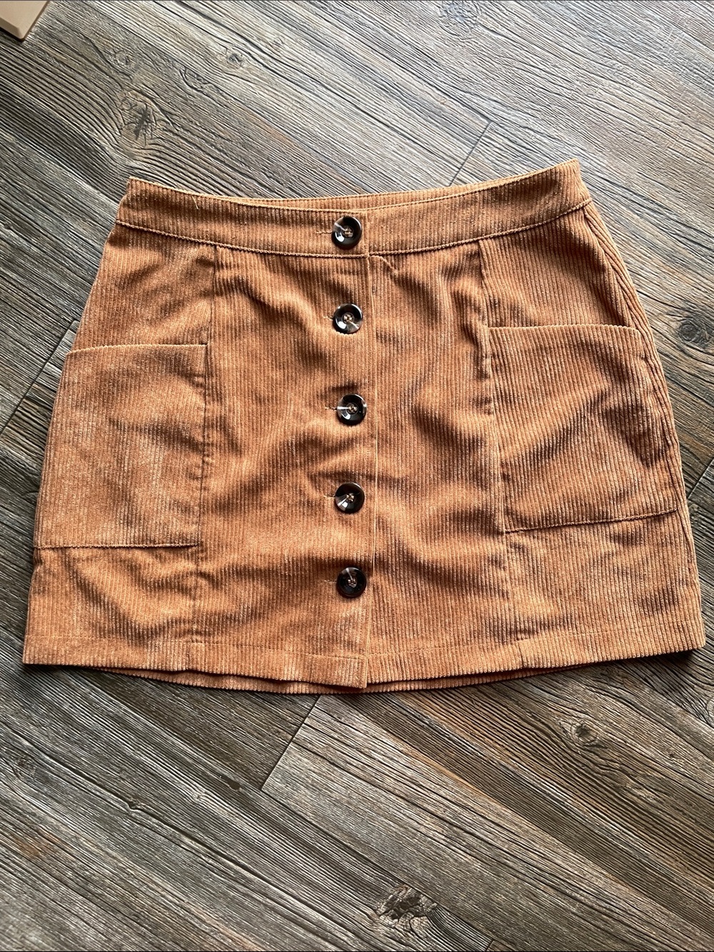 Hem & Thread Button-Front Corduroy Mini Skirt in Tan